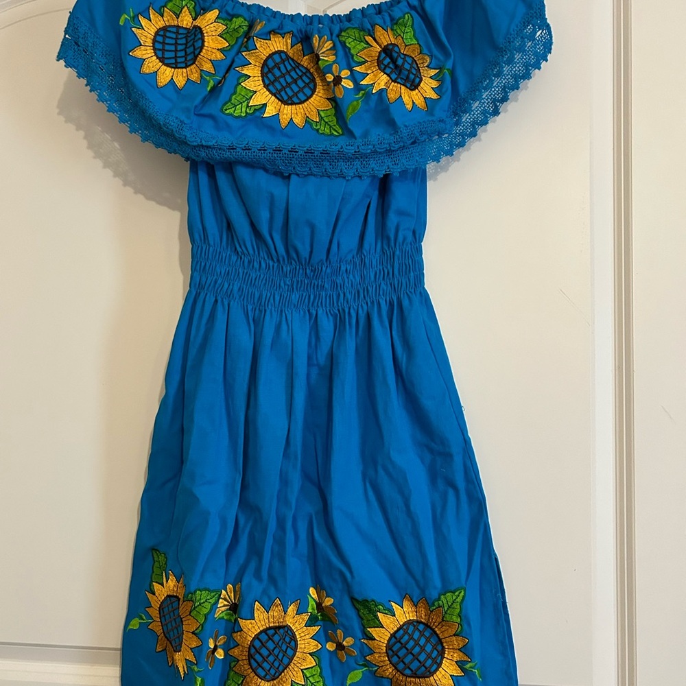 Vibrant Blue Sunflower Off-Shoulder Dress